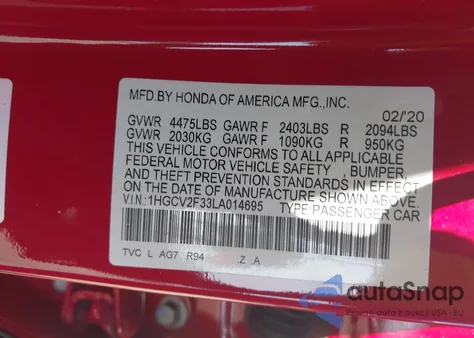 2020 Honda Accord Sport 2.0T z USA, uszkodzony, nr VIN 1HGCV2F33LA014695